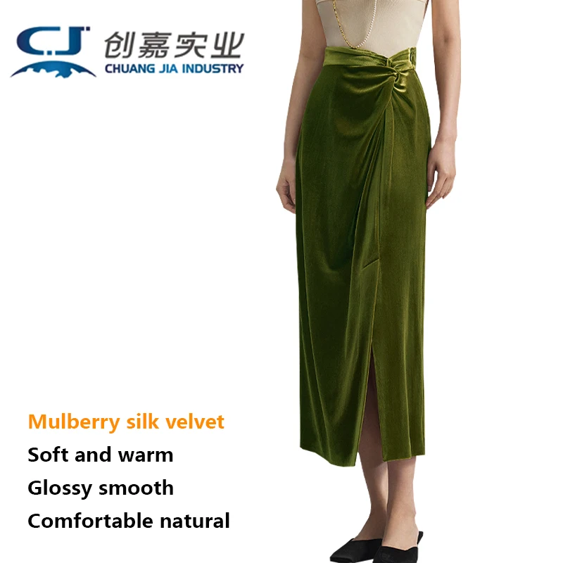 Silk Velvet Lady Half Skirt Spring and Autumn New Dark Green Soft Delicate Gloss Temperament Elegant Fashion Trend Skirt