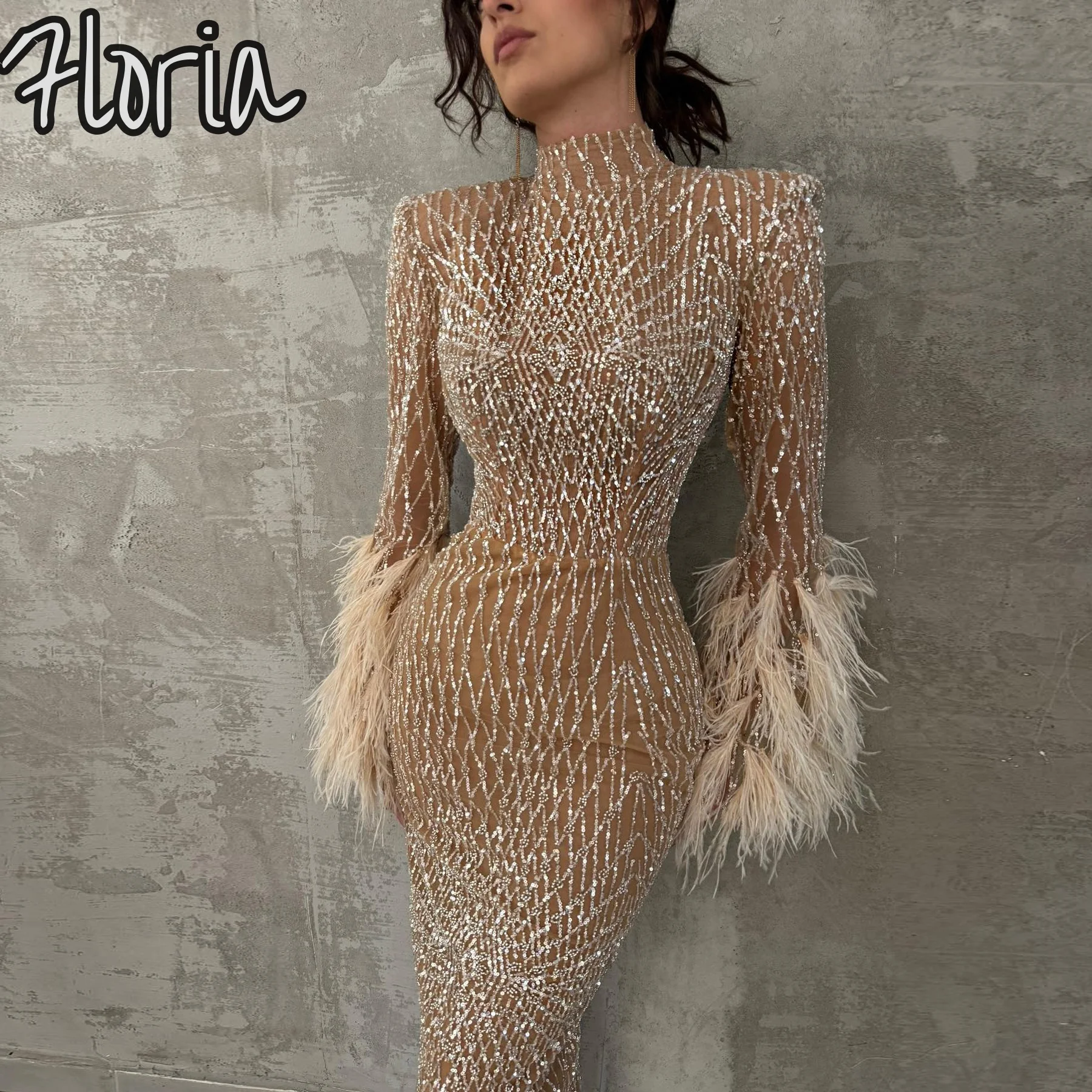 

Arabic Glitter Evening Dresses Feathers Long Sleeve Champagne Party Gowns For Women Engagement Prom Dress Customized