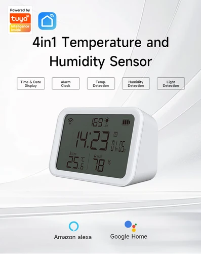 Tuya WiFi inteligente 4 en 1 Sensor de temperatura y humedad Detector de intensidad de luz pantalla de tiempo despertador compatible con asistente de Google Alexa