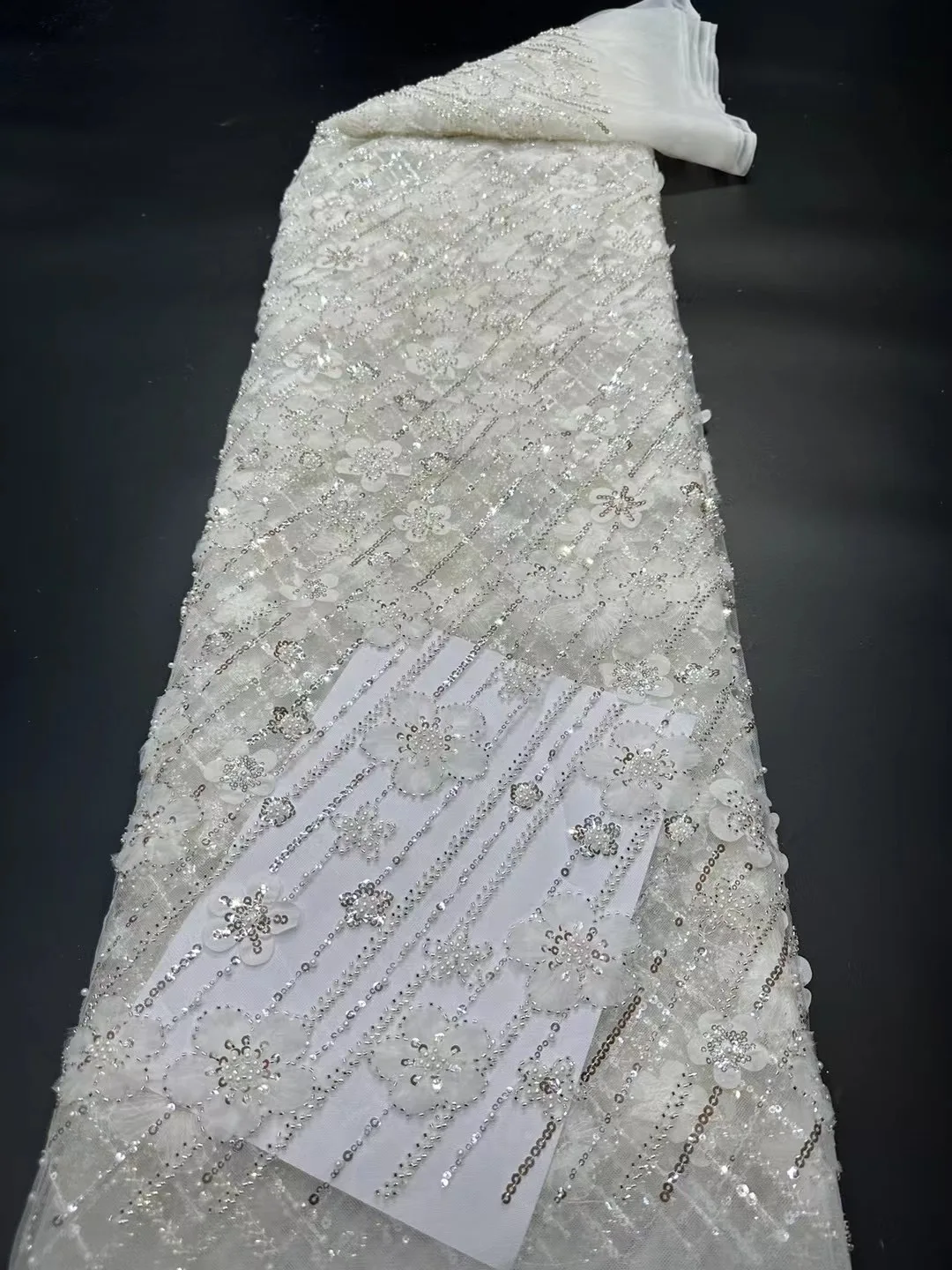 

5Y New Arrival White Tulle Lace Fabric African French Sequins Fabric High Quality Nigeria Lace Sewing For 5yards Wedding Dress