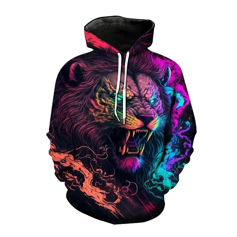 New Men Fashion Hooded 3D Printed Animal Lion Hooded Sweatshirts Casual Loose-fitting Long-sleeved Pocket Hooded Tops