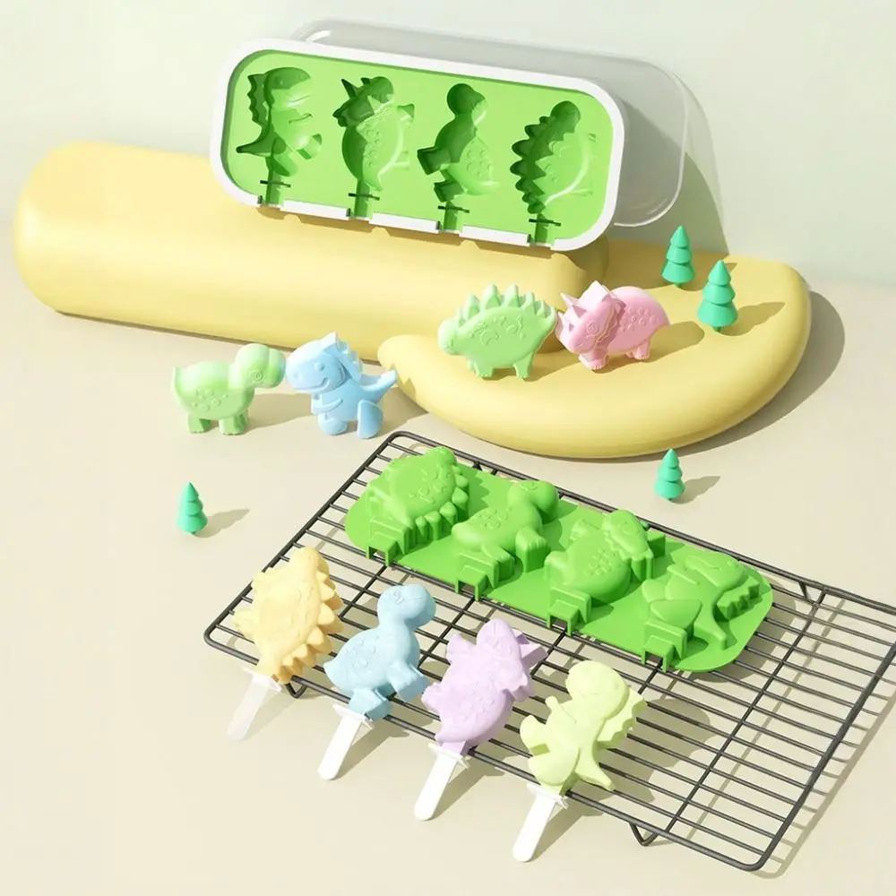 2PCS Silicone Dinosaurs Ice Cream Mold Easy To Demold with Lid and Stick Ice-lolly Maker Cartoon Heat/Cold Resistant