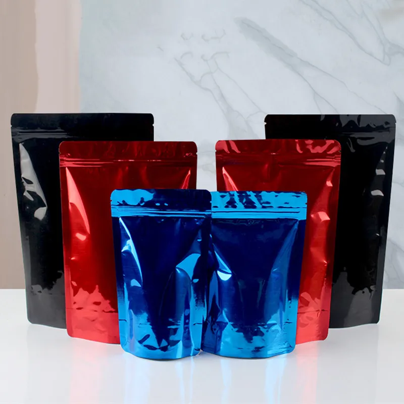 

50PCS Thick Glossy Black/Red/Blue Aluminum Foil Ziplock Bags Resealable Snack Coffee Tea Dried Fruits Gifts Packaging Pouches