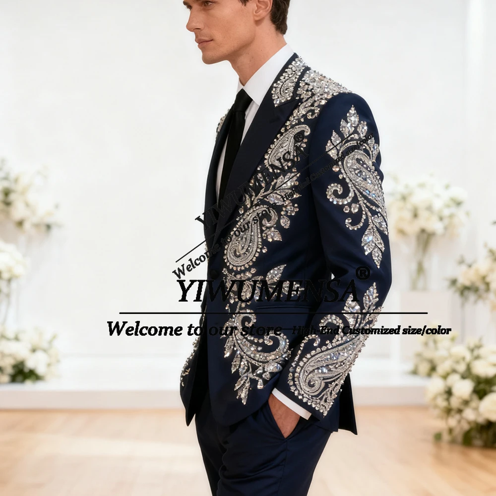 

Свадебный костюм жениха с блестящими кристаллами и бисером, комплект из 2 предметов, однобортный пиджак, брюки, индивидуальный мужской наряд для банкета, вечеринки, смокинг