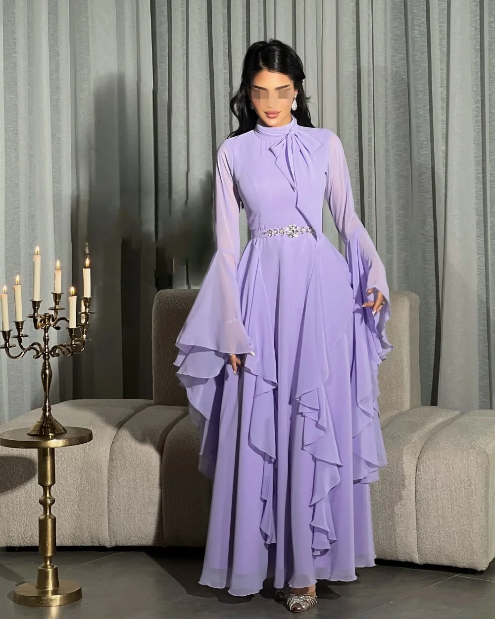 

Customized Purple Matching Exquisite Chiffon Pleat Ruched Rhinestone A-line High Collar Ankle Length Evening Dresses Elegant