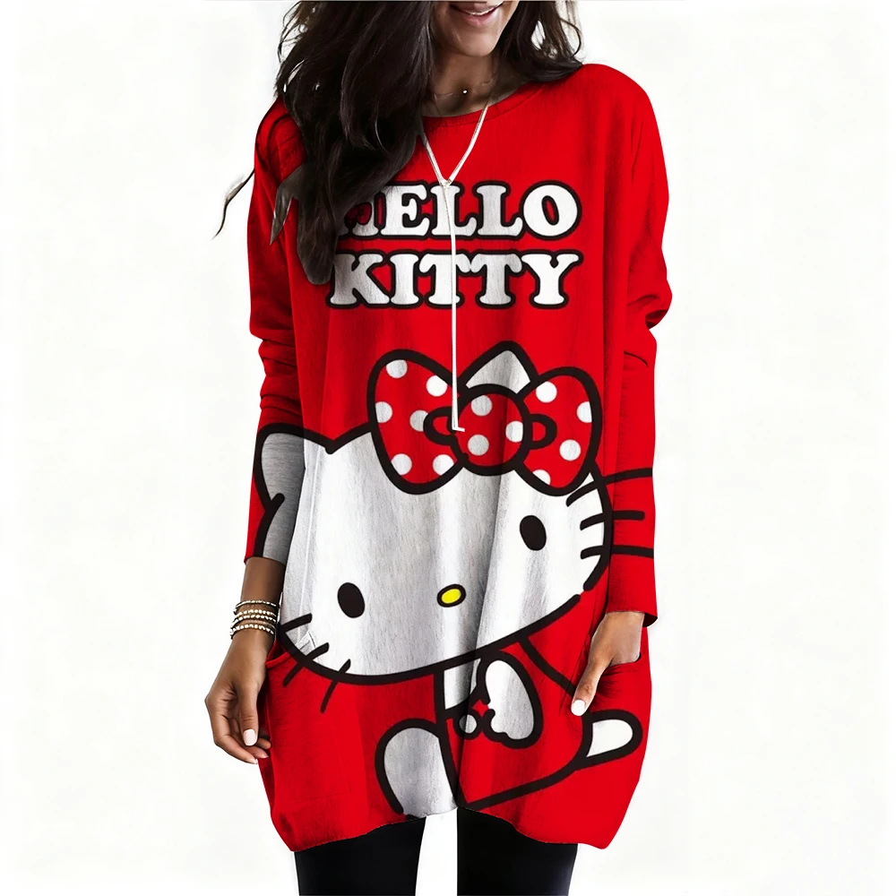 Girl Women's T-shirt Casual Kawaii Hello Kitty Cartoon Pattern Print Tshirt Comfortable Casual Women's Clothing Black Top