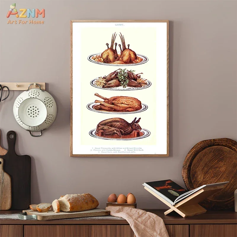 AZNM Vintage Food Chart Canvas Wall Art Fruit Cheese Meat Fish Cake Antique Culinary Illustration Art Print Poster Kitchen Dinin