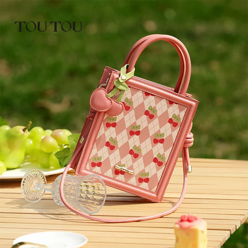 

TOUTOU Cherry Crossbody Bag with Long Strap Fashion Cute Pink Handbags Women's Flap Square Handbag For Phone With Heart Charm