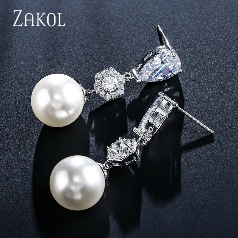 ZAKOL Exquisite Cubic Zirconia Artificial Pearl Simple Fashion Earrings for Women Wedding Dinner Birthday Gift Jewelry FSEP2389