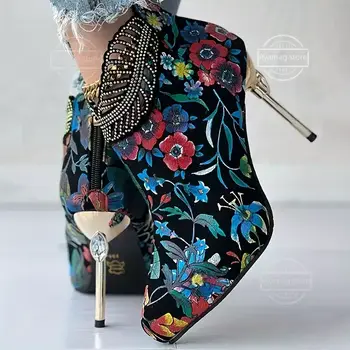 女式花卉圖案靴子,後拉鍊水鑽細高跟鞋,刺繡靴子,女式 Zapatos De Mujer 8 最佳銷售 花卉靴 - №5
