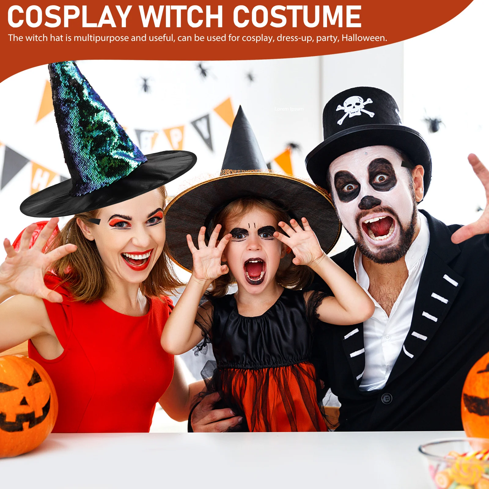 

Halloween Witch Hat Sequin Glitter Cosplay Costume Party Decor Comfortable Durable Multipurpose Women Girls Dress Up Masquerade