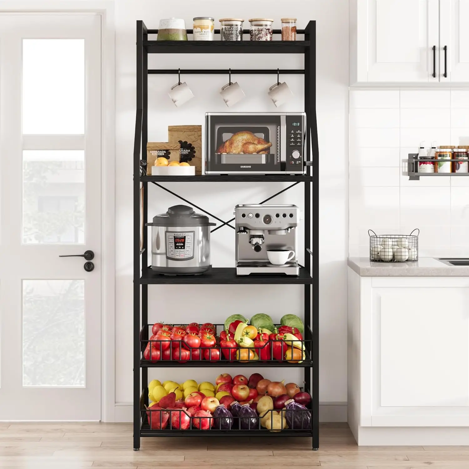 5-Tier Bakers Rack for Kitchen – 2 Large Wire Baskets, Microwave Oven Stand, Coffee Bar Station with Storage Shelves, 8 Hooks, Metal Frame, Organizer for Spices & Pots