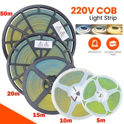 5m 10m 15m 20m 50m 220V COB LED Strip Light 240LEDs/m 8mm for Home Cuttable and Flexible Ribbon Adhesive Tape IP20 No Waterproof