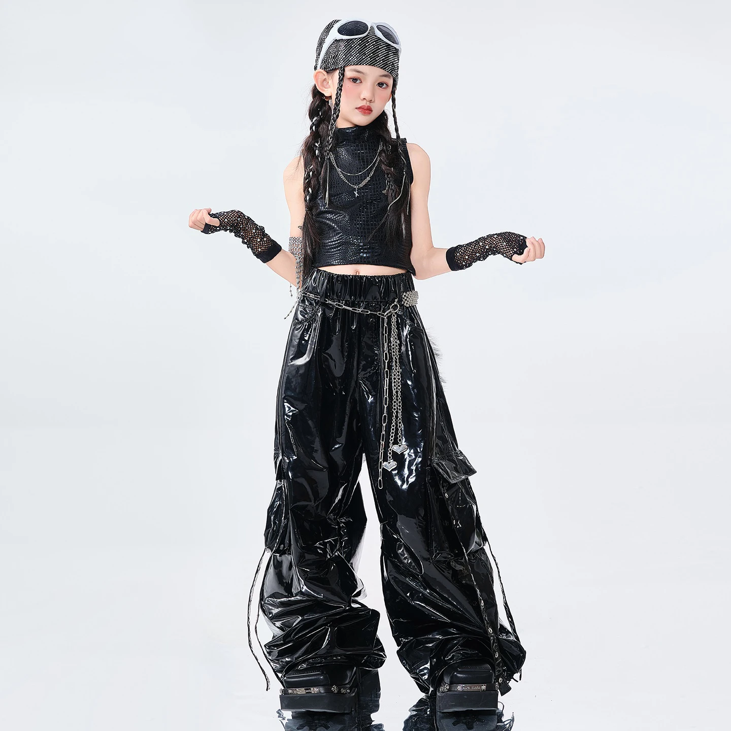 멋진 소녀 힙합 의류 블랙 민소매 탑 가죽 바지 재즈 공연 의상 그룹 Kpop 무대 댄스 착용 세트 BL16422