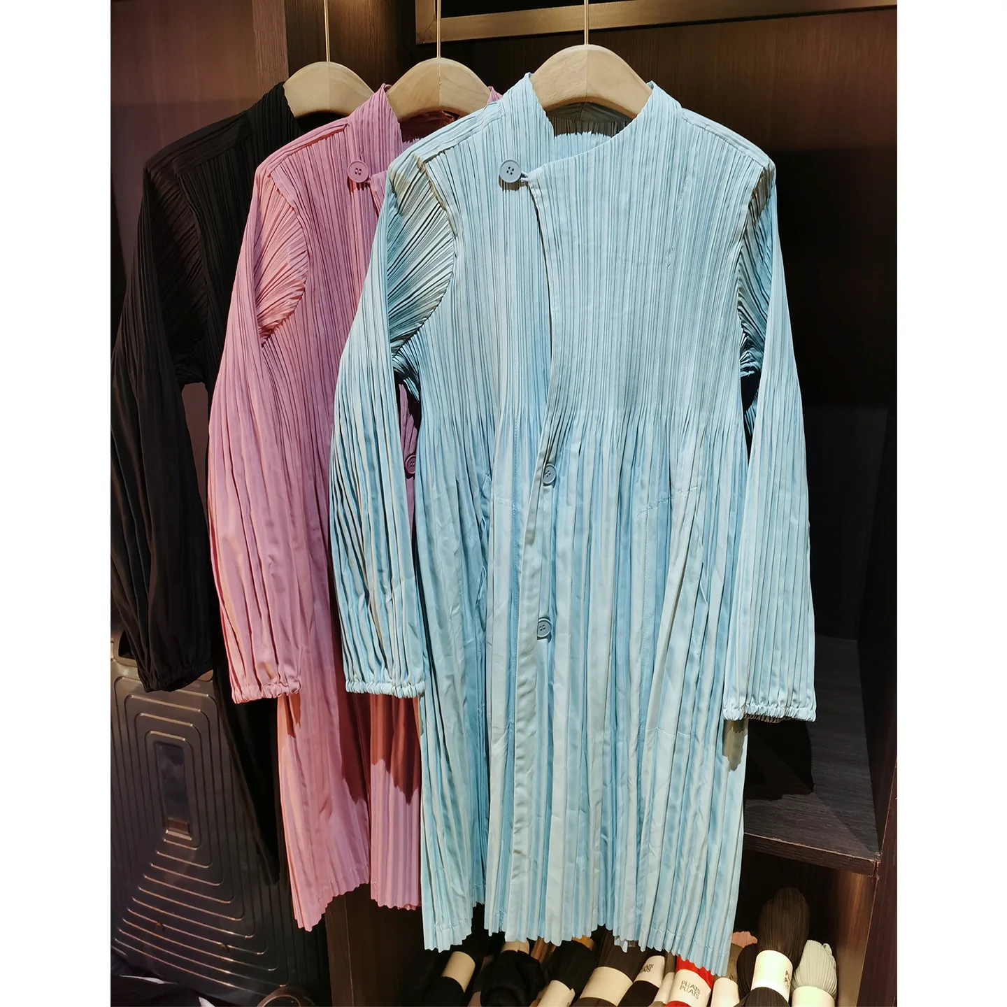 مياكي مطوي جديد 2026 معطف ياباني متوسط الطول متعدد الاستخدامات بسيط غير رسمي فضفاض واحد الصدر مطوي سترة الإناث