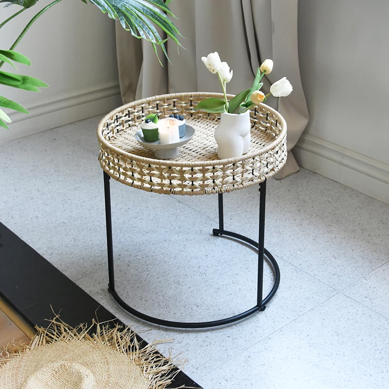 Japanese Style round Rattan Coffee Table Woven Rope Iron Frame Tea Side Table for Living Room Balcony Small Apartment Decor