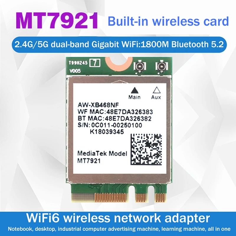 Placa de rede sem fio com built-in, 2.4G, 5G, Gigabit, M2, 5.2, BT, MT7921, WIFI6, Desktop, Computador, Laptop