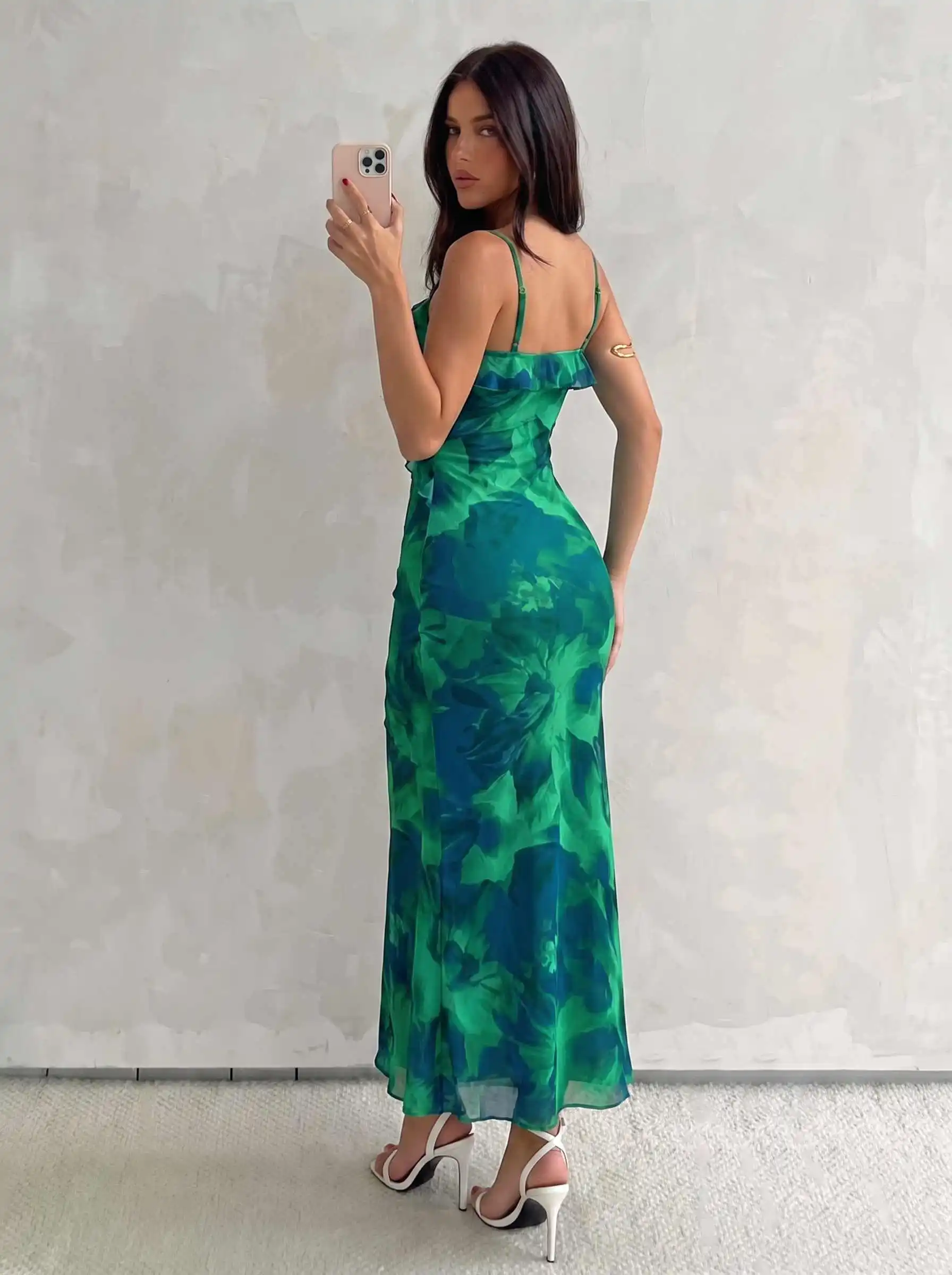Damen Aquarell-Rosen-Print Cami-Kleid mit Rüschen, Chiffon-Midikleid, Spaghettiträger, fließendes Kleid für Urlaub, Strandparty, Ferien – Detail 19
