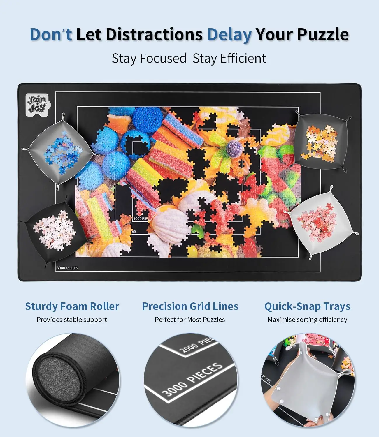 Tapete para rompecabezas enrollable, almohadilla protectora de goma de 55 "x 35,5", con 4 bandejas de clasificación y bolsa de almacenamiento de viaje, rompecabezas enrollables portátiles Kee