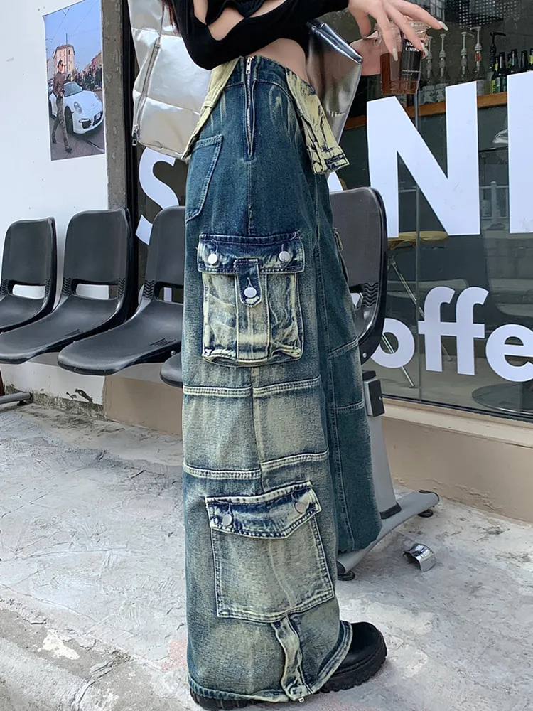 Imagem -06 - Jeans Largos Azuis Lavados com Vários Bolsos para Mulheres Calças Retas de Perna Larga Calças Jeans Femininas Roupas Y2k Streetwear 2023