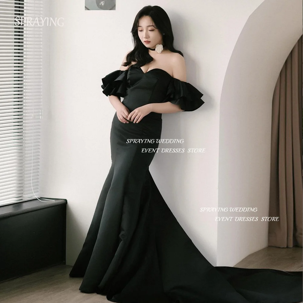 

SPRAYING Mermaid Wedding Shooting Dresses Formal Korea 이브닝 드레스 Sweep Train Off the Shoulder Ruffle Bridal Gown Custom Made