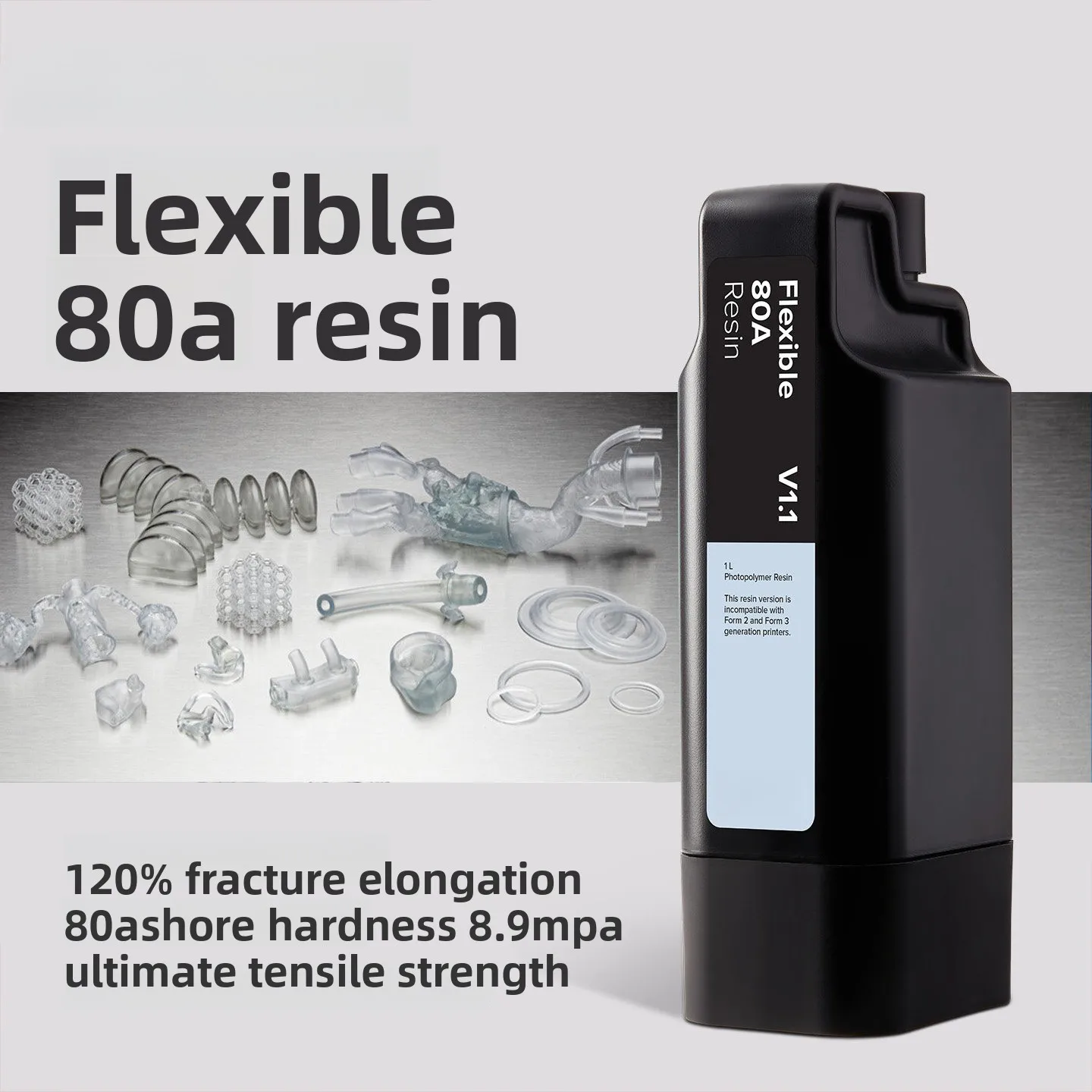 1L 80A Flexible Photopolymer Resin Engineering‑Grade Light‑Curing 3D Printing Material Compatible with Form 4 SLA 3D Printer