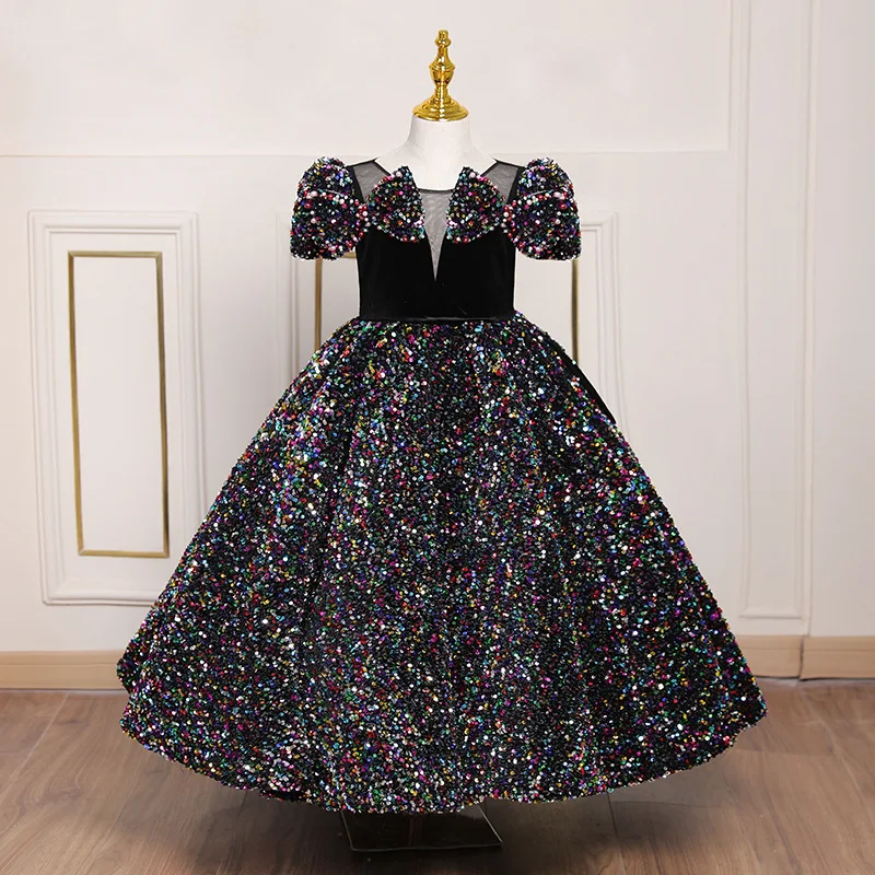 

Ashely Alsa Real Picture Black Baby Girls Wedding Party Dress Jewel Short Sleeve Bow Ball Skirt Flower Girl First Communion Gown