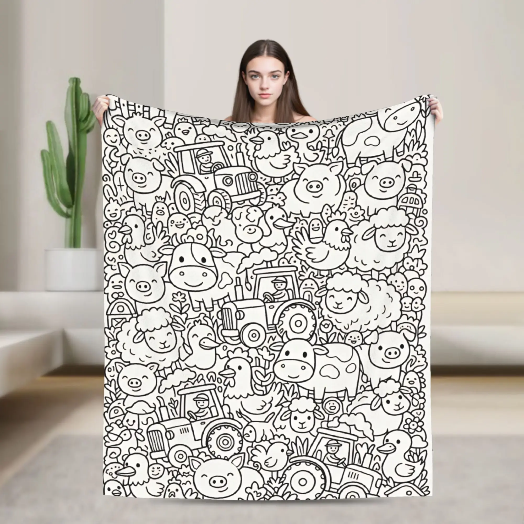 Farm Animals Doodle Pack Line Art Coloring Page Graphic Blankets Soft Cozy  Throw Blanket Winter Girl Sofa Travel Car Bedspread