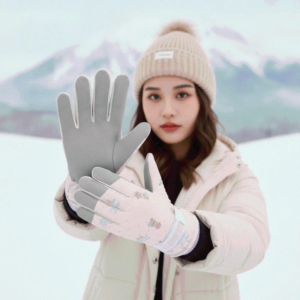 Warmers Mittens Fleece Liners Ski Mittens Anti-splash Water Printed Bear Thermal Gloves Padded Adjustable Snow Mittens Sports