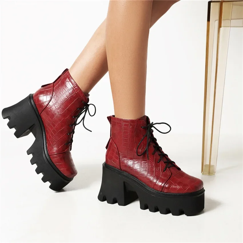 British Autumn Winter Ankle Boots Women Red Black Crocodile Microfiber High Thick Heel Party Dress Lady Square Toe Lace-up Shoes