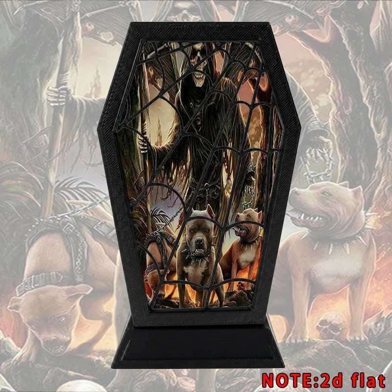 Gothic Reaper & Guard Dogs Pen Holder 2D Flat Coffin Shape Desk Organizer Spider Home Office Desktop Storage Decor Gift