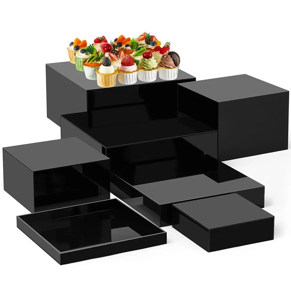 

7 Pcs Buffet Risers Set Acrylic Display Box 6"" 7"" 8"" 9"" 10"" 11"" 12"" Food Risers For Buffet Table 5 Sided Display Cube