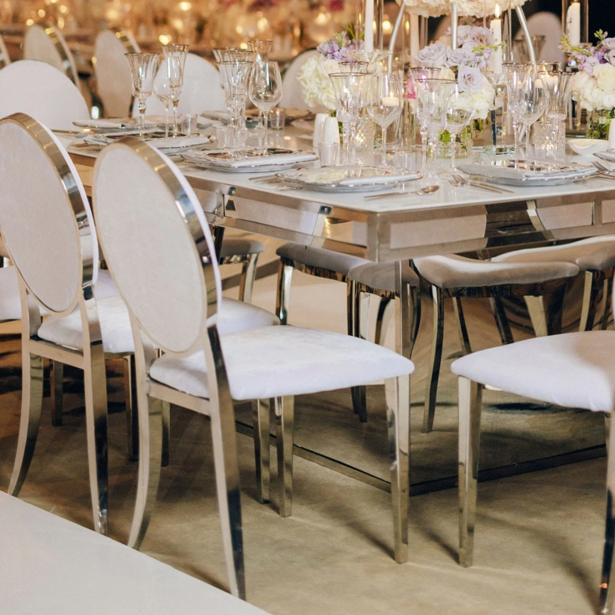 18pcs）New Design Modern Stainless Steel Wedding Table chairs For Banquet Party Events Dining Table