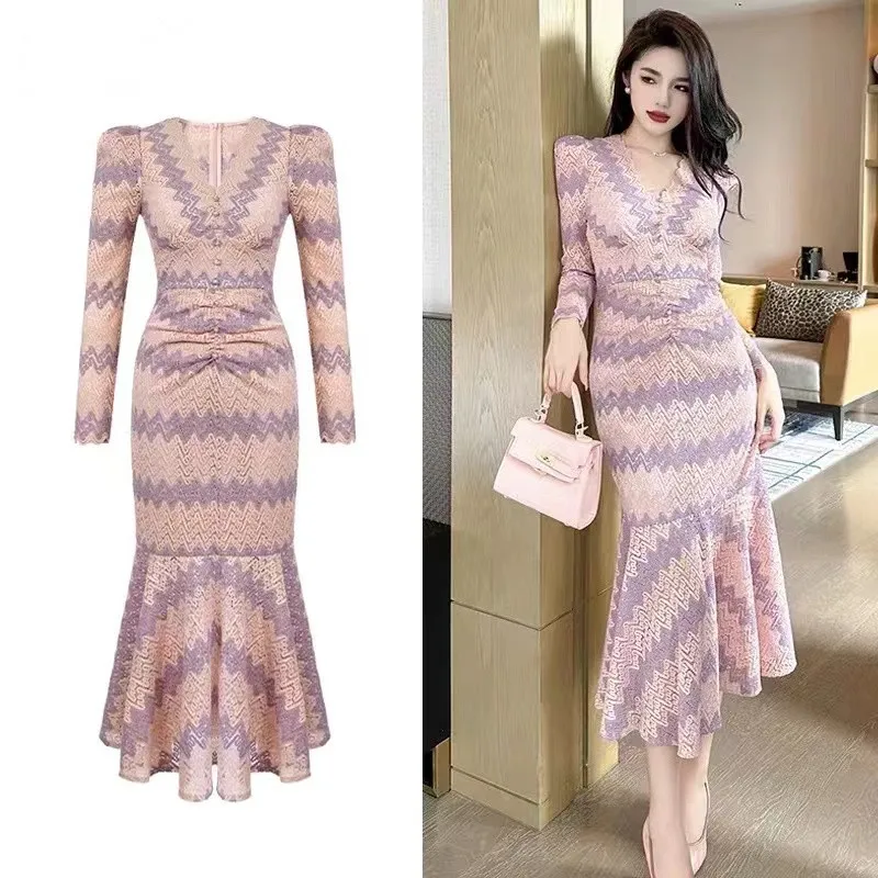 

New High Quality Spring Summer Women Striped Hit Color Lace Mermaid Women V Neck Buttons Hollow Out Bodycon Party Casual Dresses