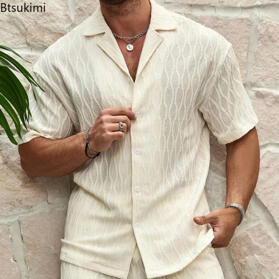 Chándales para hombre, moda de verano 2023, liso, suelto, informal, dos piezas, camisa con botones de solapa, pantalones cortos, trajes combinables para vacaciones en la playa para hombre