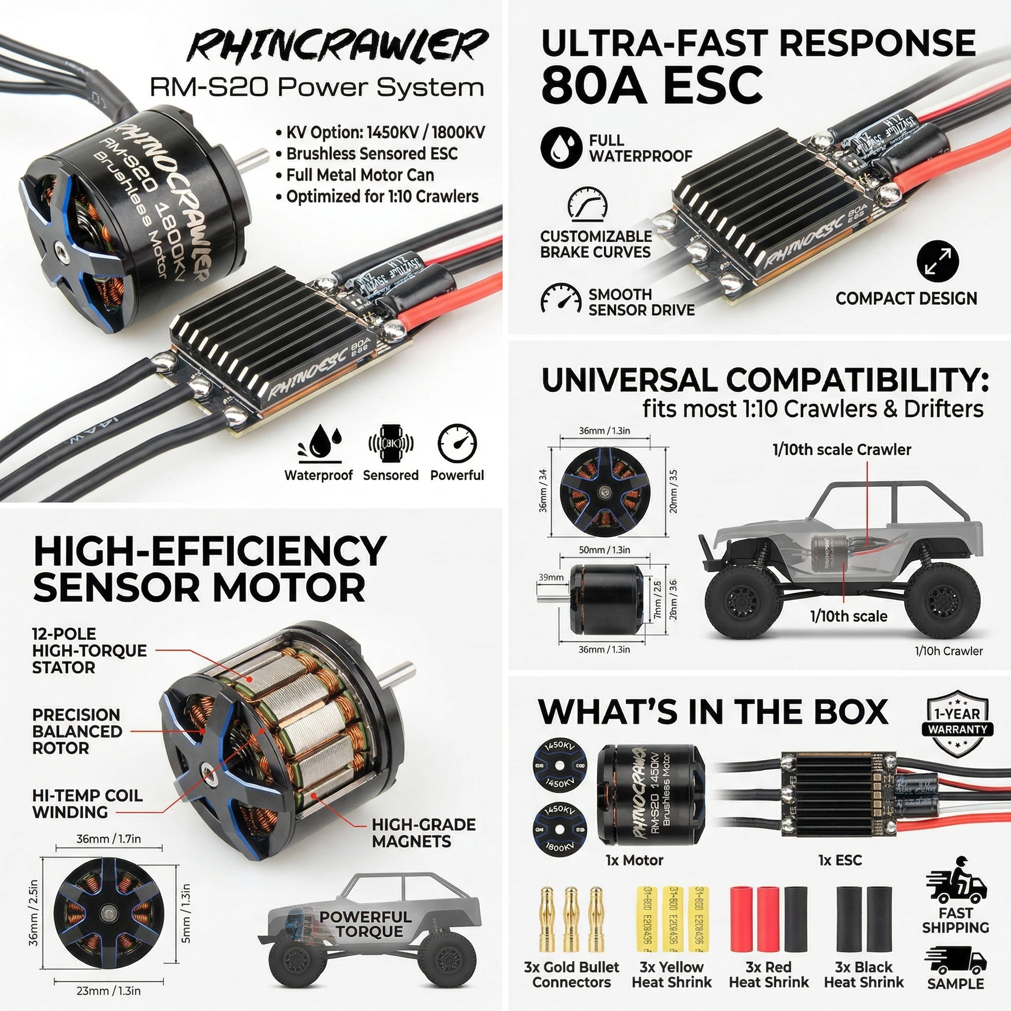 

Комплект силовой установки RhinoESC AM32 Crawler ESC Power System RM-S20 80A с бесщеточным двигателем для радиоуправляемых машин и грузовиков