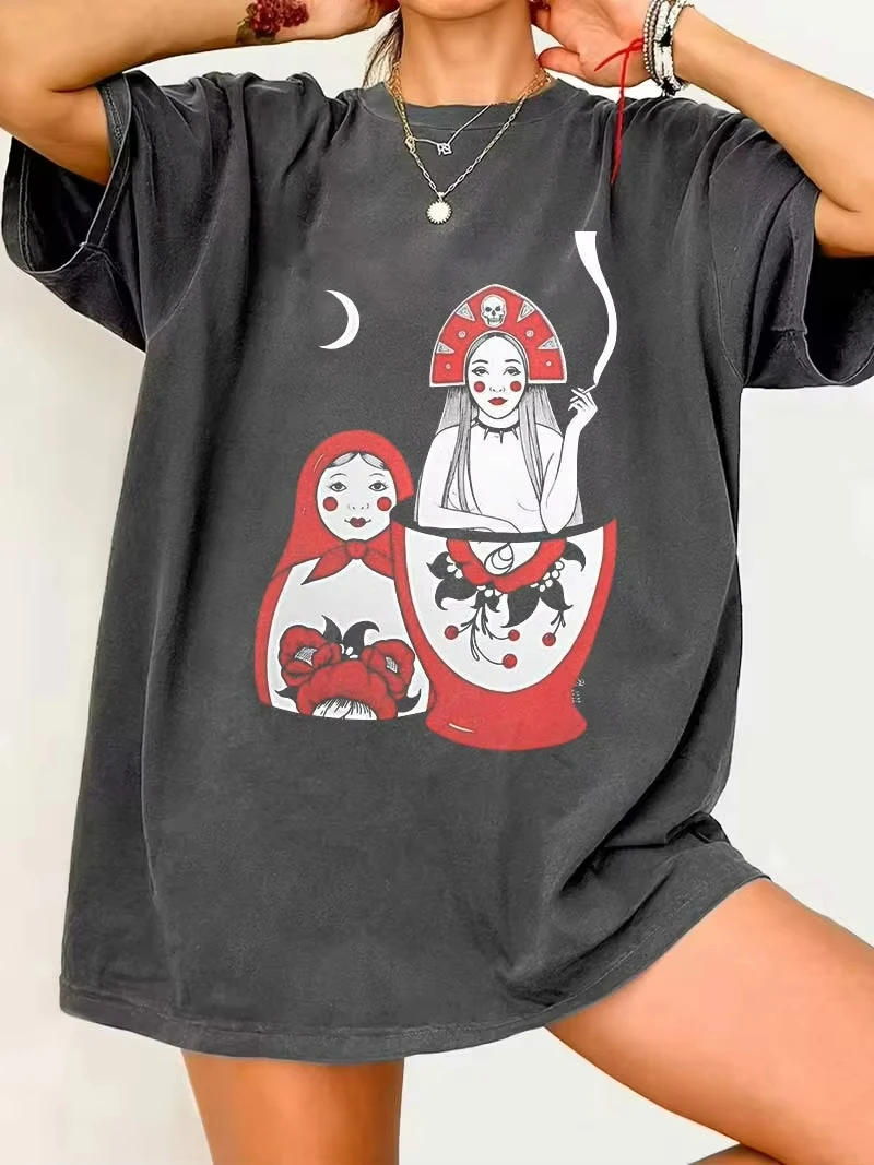 Streetwear T Shirt Russian Doll Pattern Cute Style Y2k Matryoshka Doll Casual Tee Men Women Cotton Oversized Harajuku Summer Top