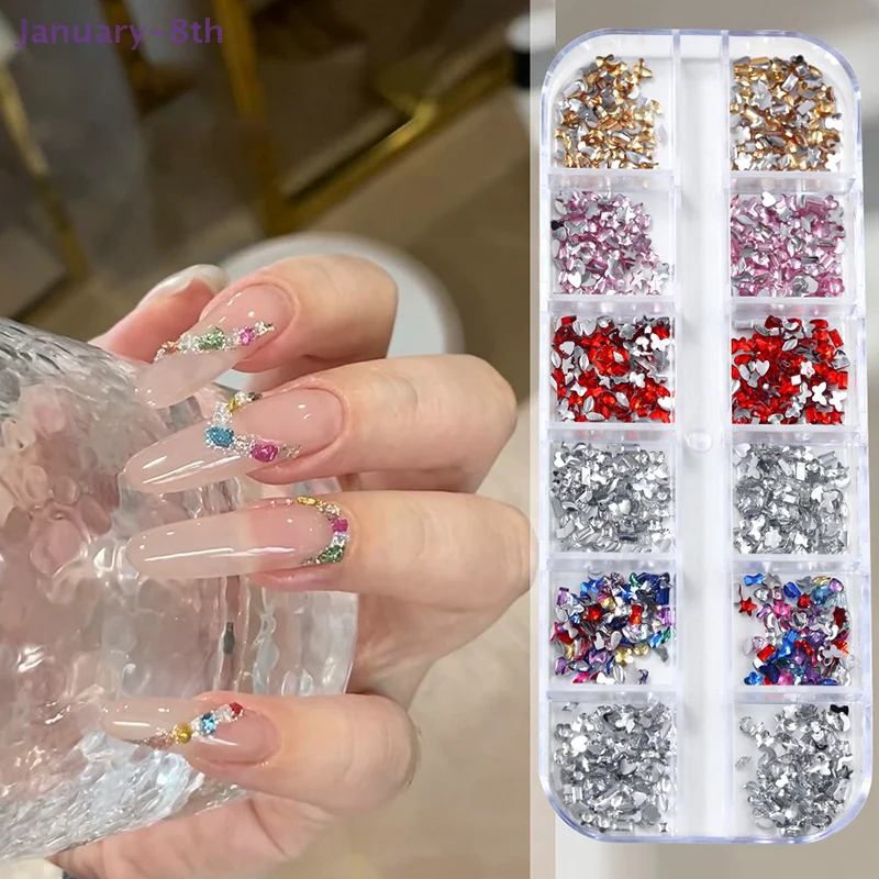 12-raster mini-nagelstrass platte achterkant verfraai nagels diy decoratieve 3D-manicure nagelkunstdecoraties voor meisjes