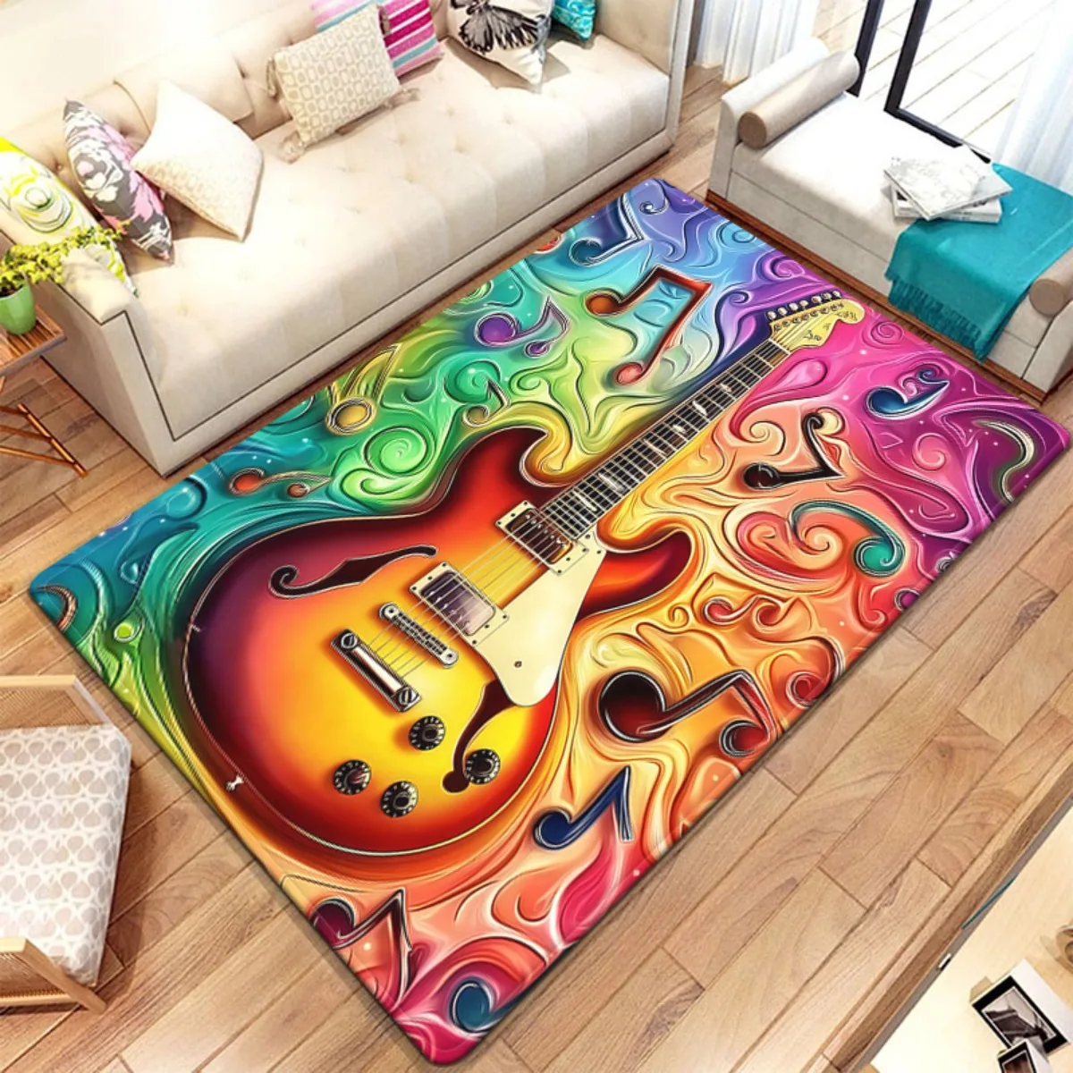 Electric guitar music notes colorful swirl rug rock n roll theme living room bedroom floor mat musical instrument decor