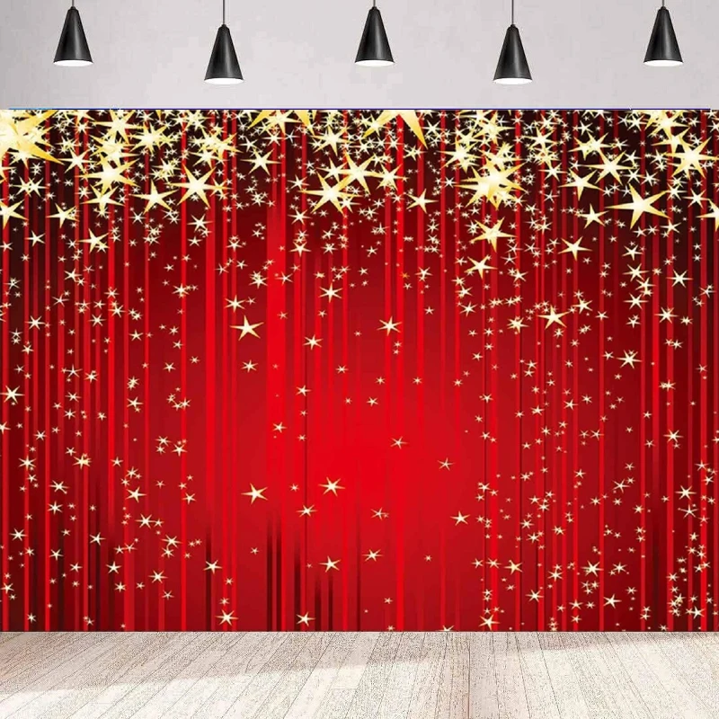 Red Curtain Photography Backdrop Red Carpet Sparkle Glitter Stars Gold Christmas Background Party Backdrop Wall Banner Poster