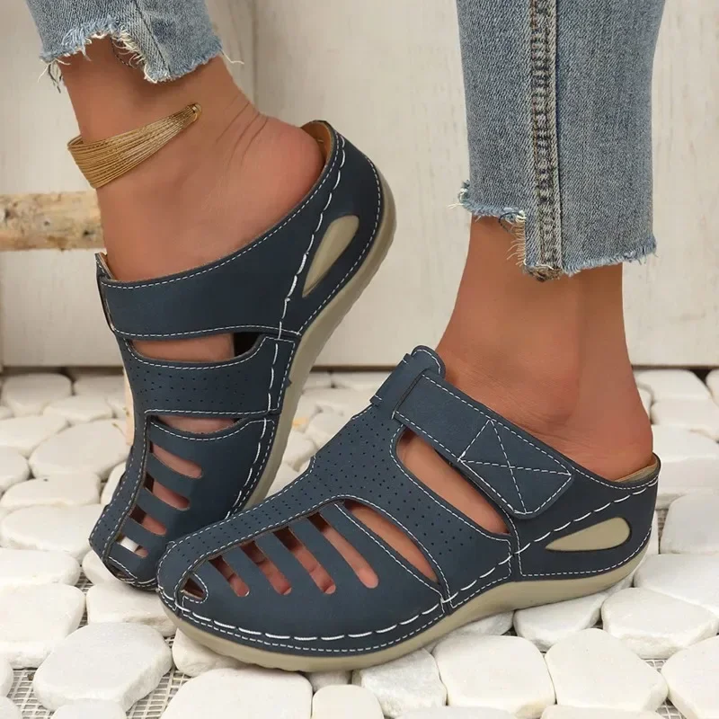 New Summer Breathable Women's Slippers Solid Color Outdoor Sandals Slip on Open Toe Wedge Female Casual Roman Footwear Mules