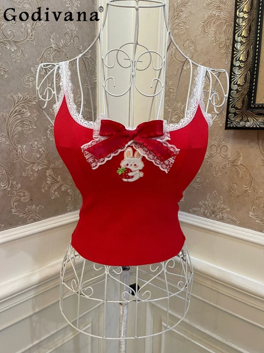 Girl Harajuku Cute Bow Rabbit Embroidery Lace Slim-Fit Top Women Japanese Navel-Exposed Super- Short Red Sexy Camisole Y2k Vest