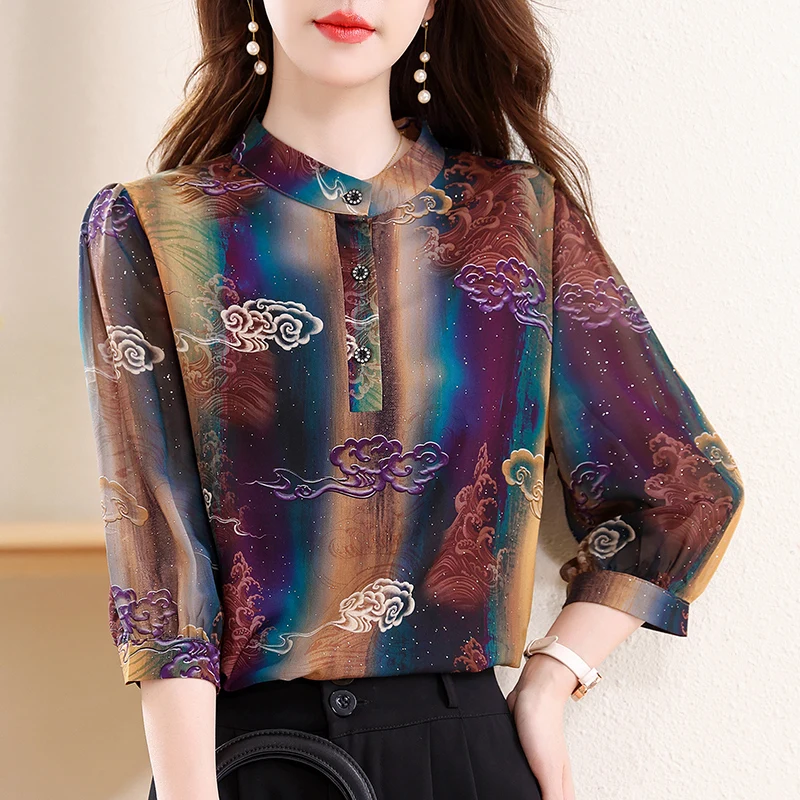 Elegant Fashion Silk Chiffon Blouse 3/4 Sleeve Printed Office Lady Shirt 2025 Summer Women Tops