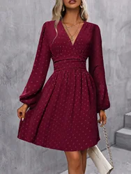 Elegant Women Lantern Seeve Jacquard Mini Dress Autumn V-neck Long Sleeve A-line Dresses Party Dresses Streetwear
