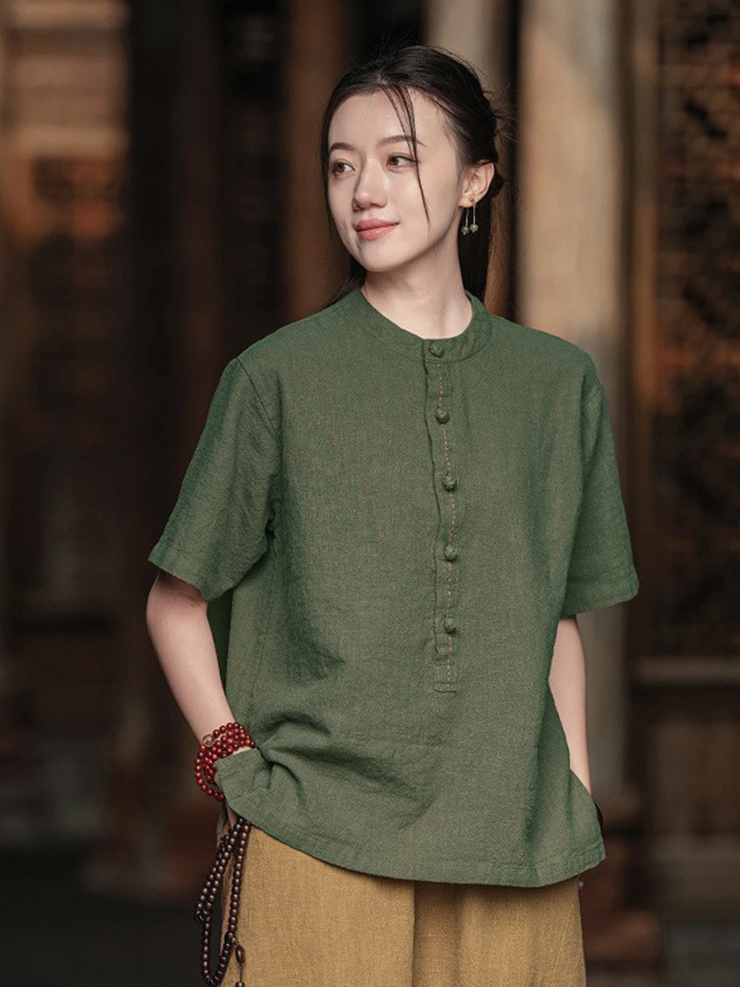 Cotton Linen Women's Top Summer Zen Style Buddhist Fashion New Chinese National Style Zen Clothes Retro Buttoned Short Sleeve...