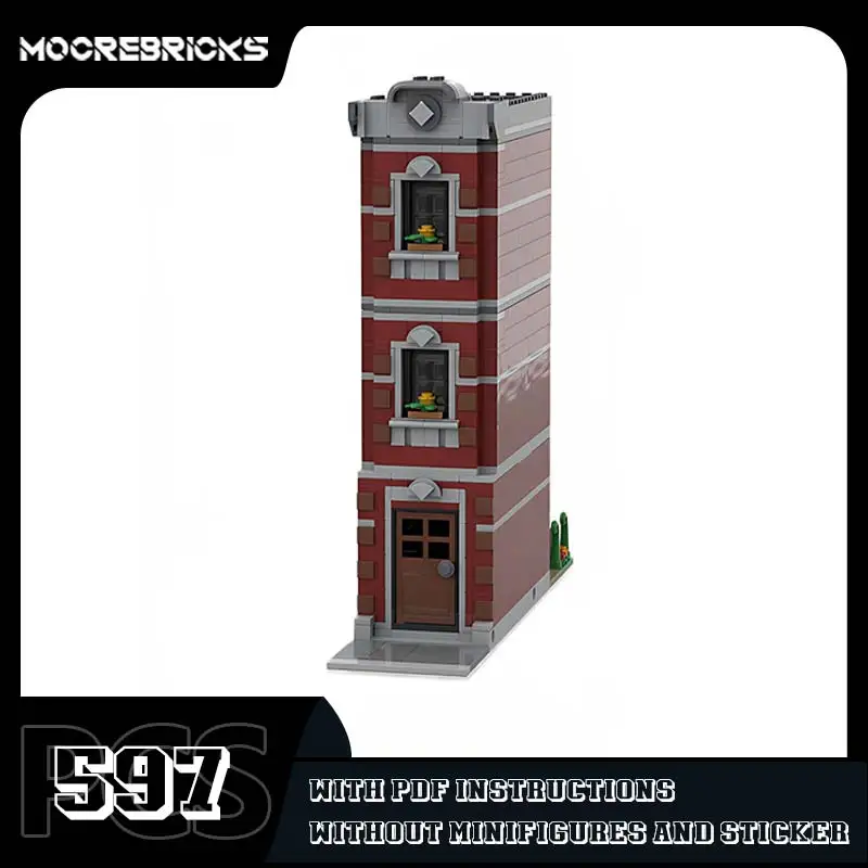 MOC-165163 Modular Dark Red House Street View Building Blocks City Creative Architecture Model Bricks Desktop Display Toy Gift