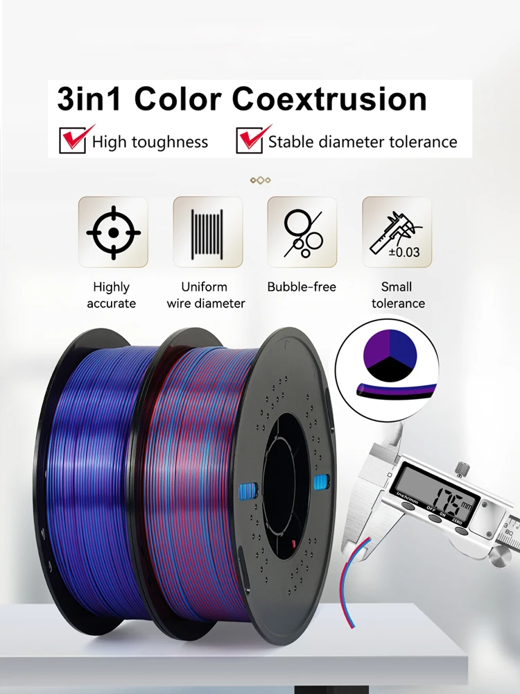 KINGROON 5 kg dreifarbiges Seiden-PLA-Filament 1,75 mm, dreifarbiges Coextrusions-3D-Druckmaterial, neuer Farbwechsel, 5 Rolle 1 kg/Spule – Detail 15