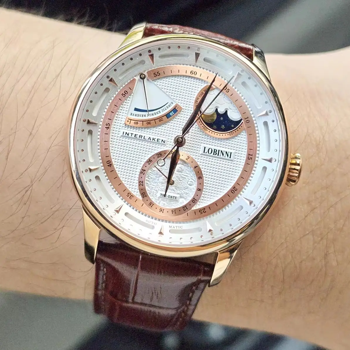 Lobinni Men Automatic Watch 41mm Moonphase Mechanical Wristwatch Luminous 50m Waterproof Sapphire Mirror Power Reserve Display