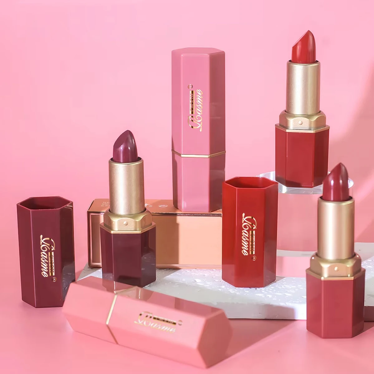 6 Colors Gold Bar Tube Lipstick Matte Texture Pearlescent Glitter Velvet Lipstick Valentine's Day Gift 1PCS