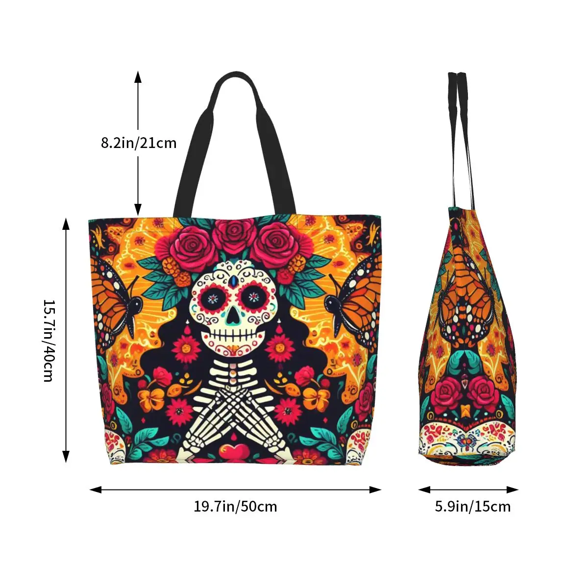 Mexican Sugar Skulls And Flowers Shopping Tote Bag Canvas Large Capacity Shoulder Bags Shopper Grocery Handbag for Women
